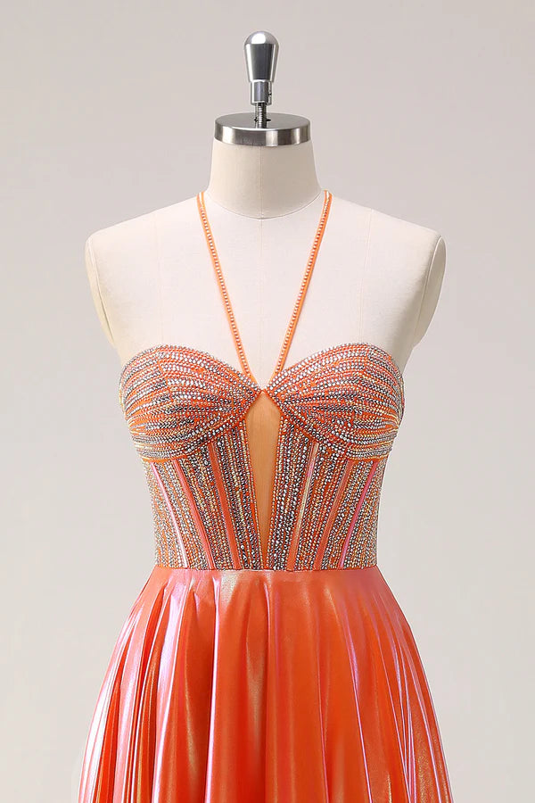 Sparkly Orange A-Line Halter Metallic Long Prom Dress with Beading simple gentle atmospheric and unique desi