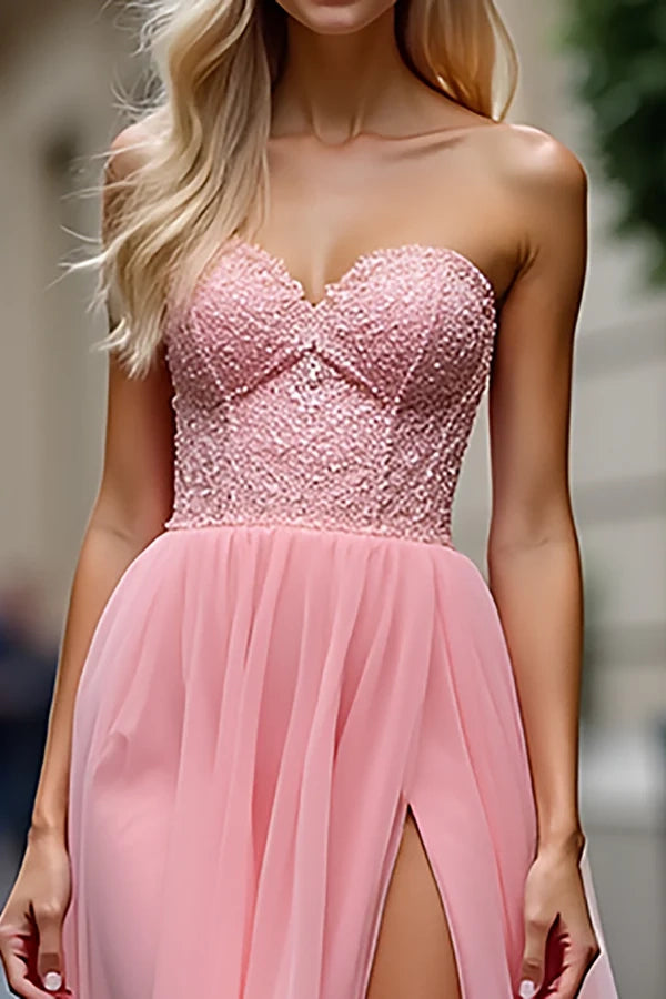 Sparkly Pink A Line Strapless Corset Long Prom Dress With Slit simple gentle atmospheric and unique desi Bring summer colors to enhance whiteness