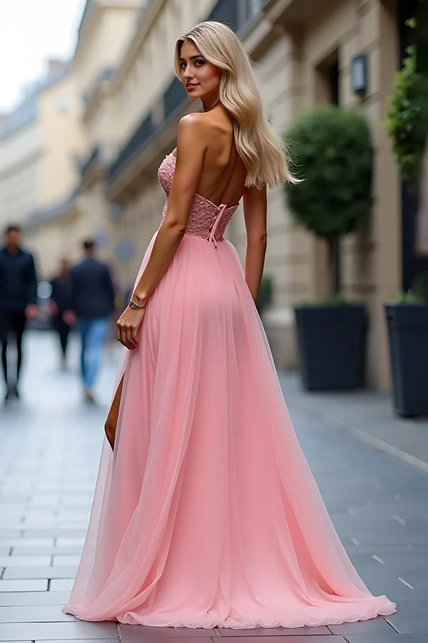 Sparkly Pink A Line Strapless Corset Long Prom Dress With Slit simple gentle atmospheric and unique desi Bring summer colors to enhance whiteness