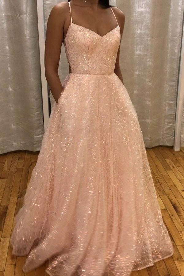 Sparkly Pink Prom Dresses Long A-line Backless Formal Gown With Pocket simple gentle atmospheric and unique desi Bring summer colors to enhance whiteness