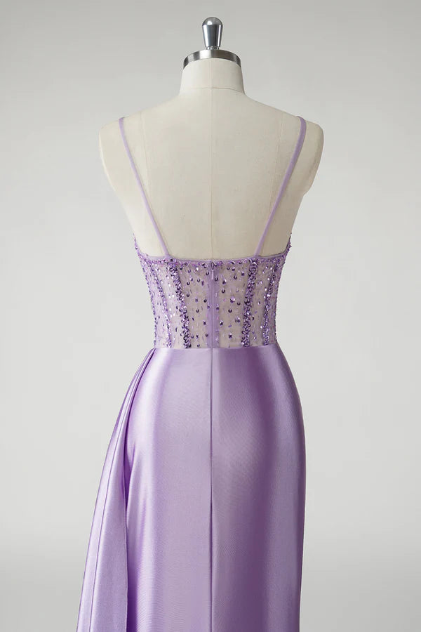 Sparkly Purple Corset Satin Side Cape Long Prom Dress with Slit simple gentle atmospheric and unique desi Bring summer colors to enhance whiteness