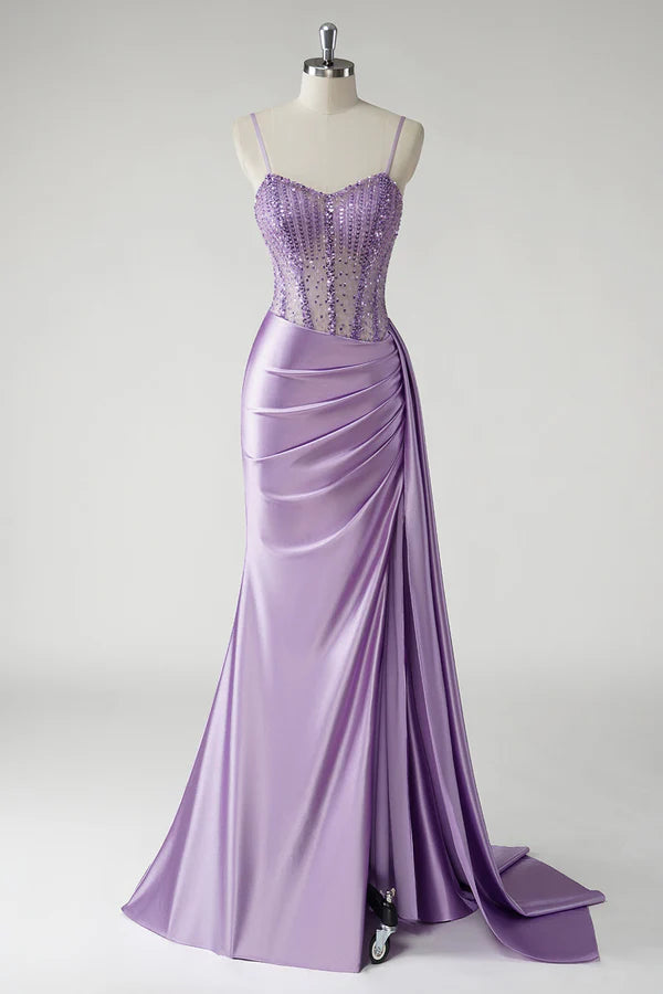 Sparkly Purple Corset Satin Side Cape Long Prom Dress with Slit simple gentle atmospheric and unique desi Bring summer colors to enhance whiteness