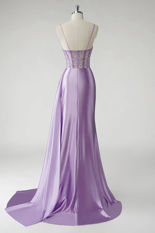 Sparkly Purple Corset Satin Side Cape Long Prom Dress with Slit simple gentle atmospheric and unique desi Bring summer colors to enhance whiteness