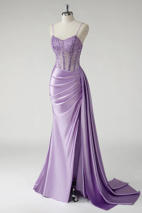 Sparkly Purple Corset Satin Side Cape Long Prom Dress with Slit simple gentle atmospheric and unique desi Bring summer colors to enhance whiteness