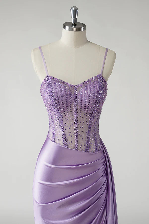 Sparkly Purple Corset Satin Side Cape Long Prom Dress with Slit simple gentle atmospheric and unique desi Bring summer colors to enhance whiteness
