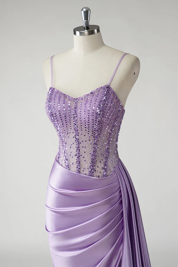Sparkly Purple Corset Satin Side Cape Long Prom Dress with Slit simple gentle atmospheric and unique desi Bring summer colors to enhance whiteness