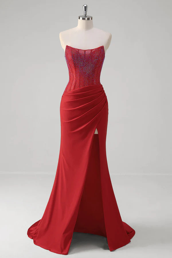 Sparkly Red Mermaid Corset Strapless Long Prom Dress With Slit simple gentle atmospheric and unique desi