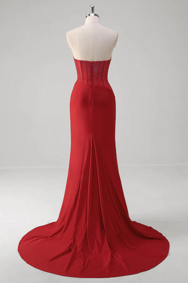 Sparkly Red Mermaid Corset Strapless Long Prom Dress With Slit simple gentle atmospheric and unique desi