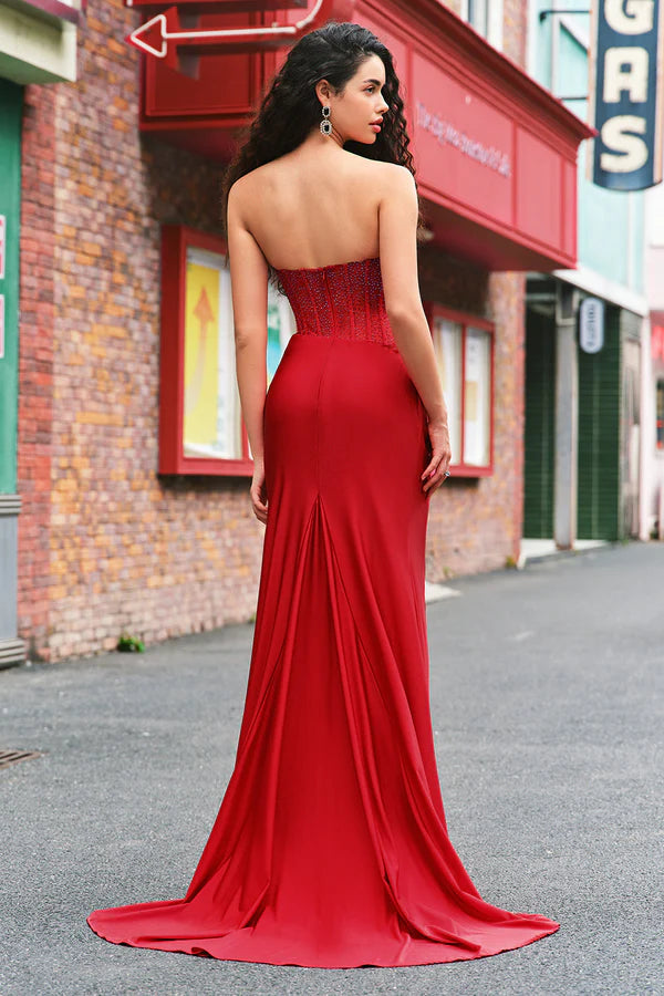 Sparkly Red Mermaid Corset Strapless Long Prom Dress With Slit simple gentle atmospheric and unique desi