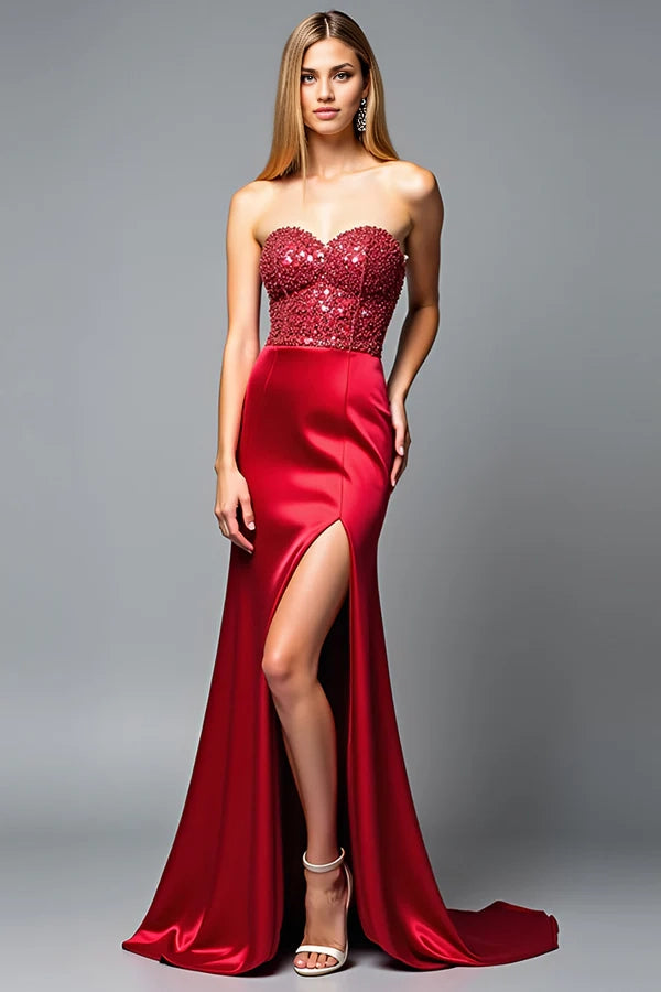 Sparkly Red Sweetheart Mermaid Long Satin Prom Dress with Slit simple gentle atmospheric and unique desi Bring summer colors to enhance whiteness