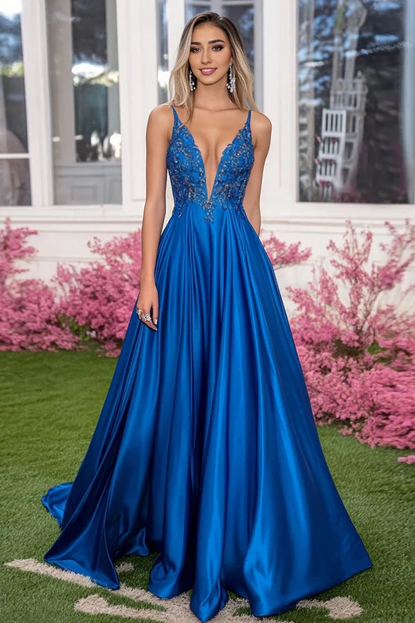 Sparkly Royal Blue A-Line Deep V Neck Appliques Satin Prom Dress with Sequins simple gentle atmospheric and unique desi Bring summer colors to enhance whiteness
