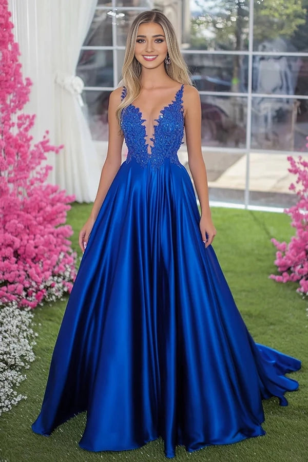Sparkly Royal Blue A-Line Plunging V Neck Satin Long Prom Dress with Appliques simple gentle atmospheric and unique desi Bring summer colors to enhance whitenesswhiteness（副本）