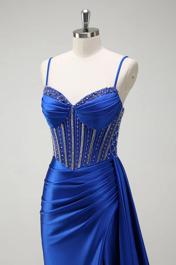 Sparkly Royal Blue Mermaid Beaded Corset Ruched Satin Long Prom Dress with Slit simple gentle atmospheric and unique desi Bring summer colors to enhance whiteness