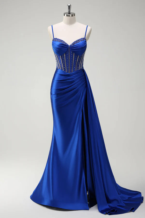 Sparkly Royal Blue Mermaid Beaded Corset Ruched Satin Long Prom Dress with Slit simple gentle atmospheric and unique desi Bring summer colors to enhance whiteness