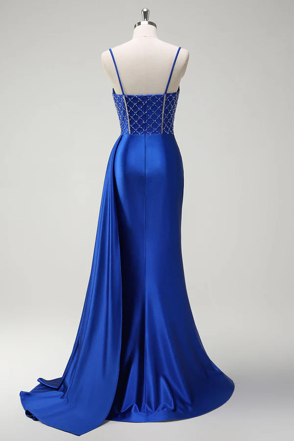 Sparkly Royal Blue Mermaid Beaded Corset Ruched Satin Long Prom Dress with Slit simple gentle atmospheric and unique desi Bring summer colors to enhance whiteness