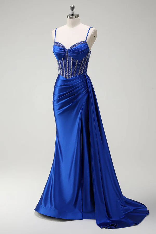 Sparkly Royal Blue Mermaid Beaded Corset Ruched Satin Long Prom Dress with Slit simple gentle atmospheric and unique desi Bring summer colors to enhance whiteness