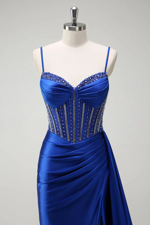 Sparkly Royal Blue Mermaid Beaded Corset Ruched Satin Long Prom Dress with Slit simple gentle atmospheric and unique desi Bring summer colors to enhance whiteness
