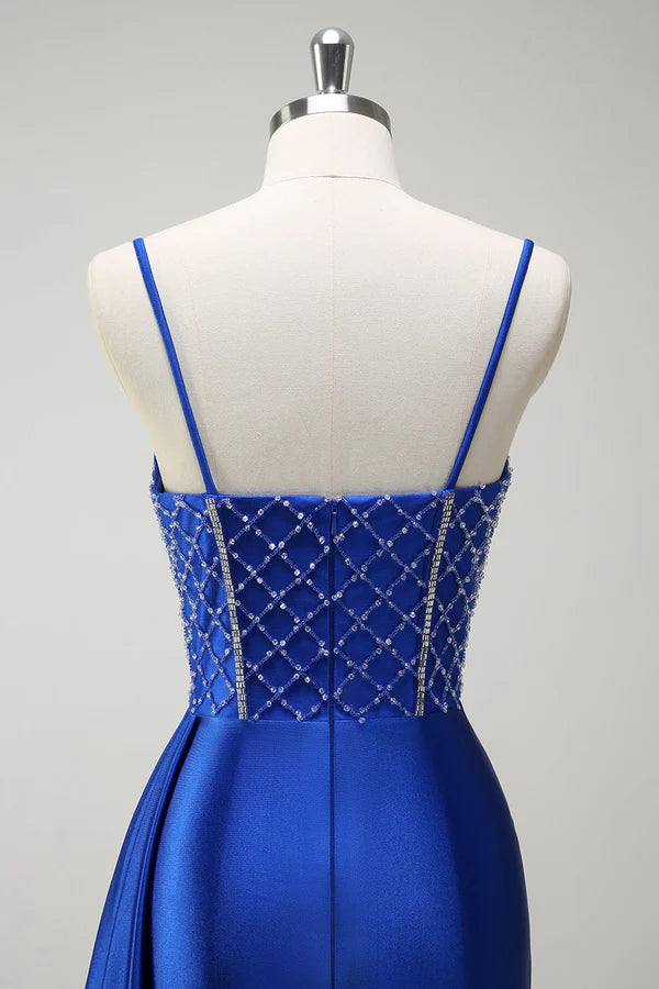 Sparkly Royal Blue Mermaid Beaded Corset Ruched Satin Long Prom Dress with Slit simple gentle atmospheric and unique desi Bring summer colors to enhance whiteness