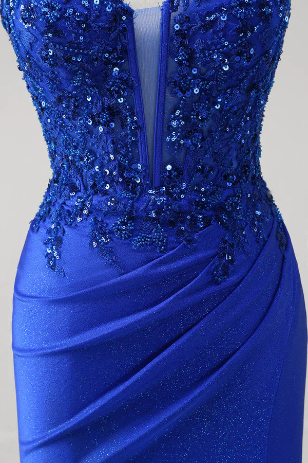 Sparkly Royal Blue Mermaid Spaghetti Straps Long Corset Prom Dress with Appliques simple gentle atmospheric and unique desi