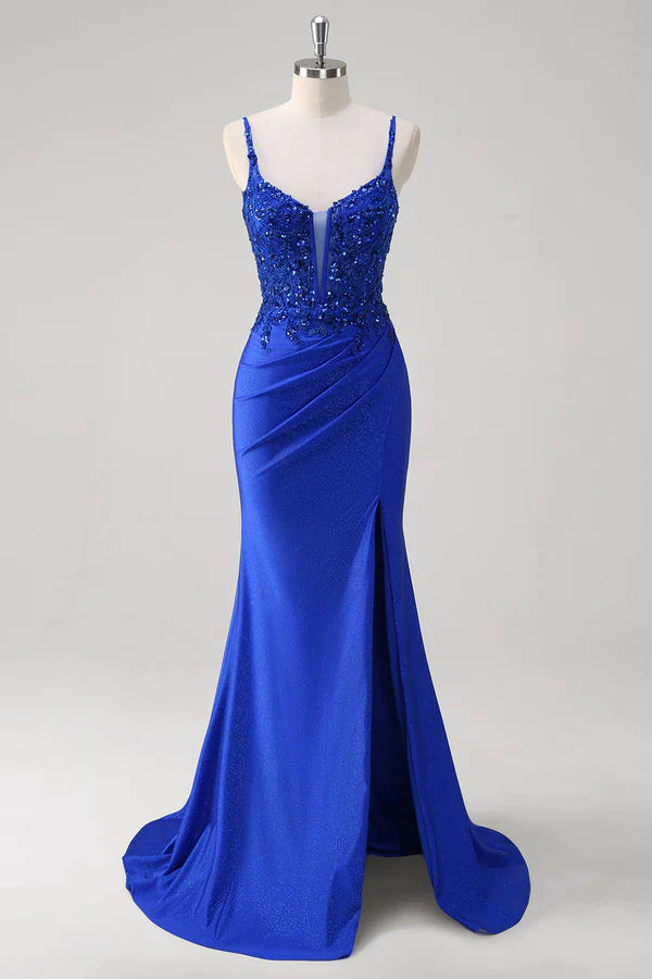 Sparkly Royal Blue Mermaid Spaghetti Straps Long Corset Prom Dress with Appliques simple gentle atmospheric and unique desi