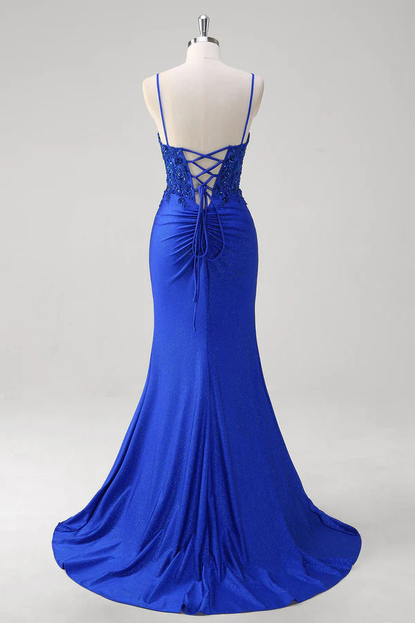 Sparkly Royal Blue Mermaid Spaghetti Straps Long Corset Prom Dress with Appliques simple gentle atmospheric and unique desi