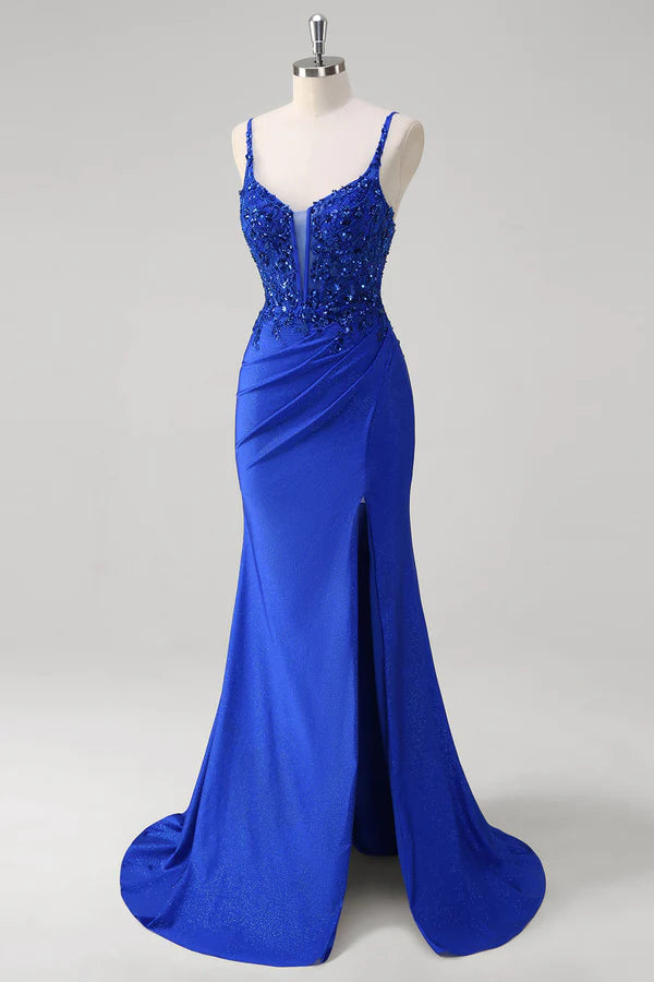 Sparkly Royal Blue Mermaid Spaghetti Straps Long Corset Prom Dress with Appliques simple gentle atmospheric and unique desi