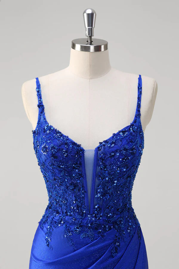 Sparkly Royal Blue Mermaid Spaghetti Straps Long Corset Prom Dress with Appliques simple gentle atmospheric and unique desi