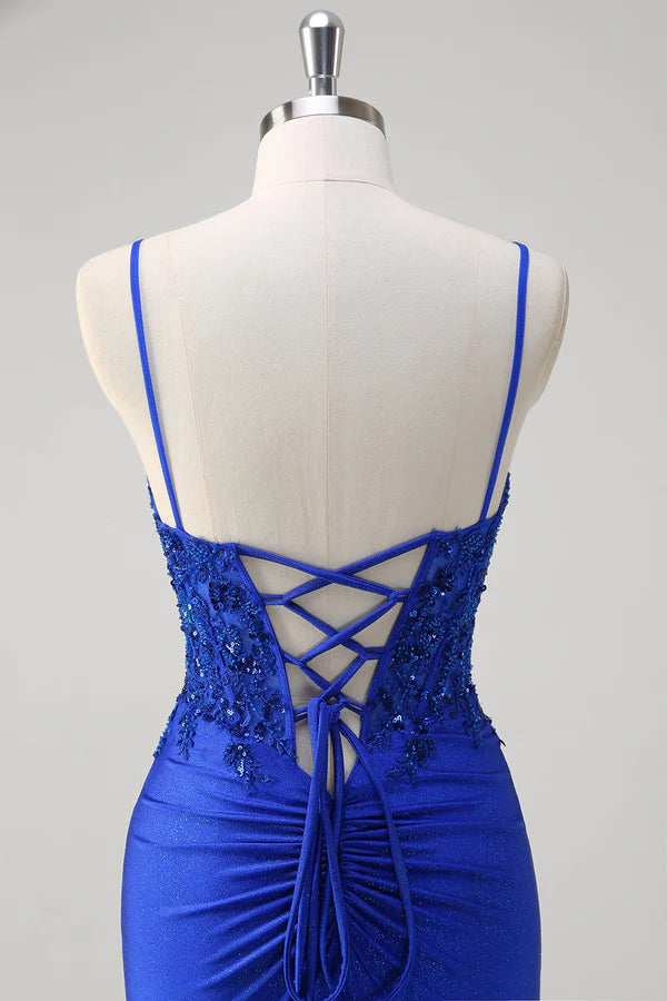 Sparkly Royal Blue Mermaid Spaghetti Straps Long Corset Prom Dress with Appliques simple gentle atmospheric and unique desi