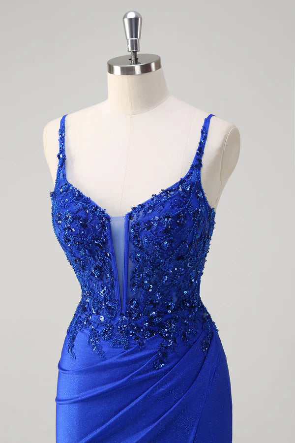 Sparkly Royal Blue Mermaid Spaghetti Straps Long Corset Prom Dress with Appliques simple gentle atmospheric and unique desi