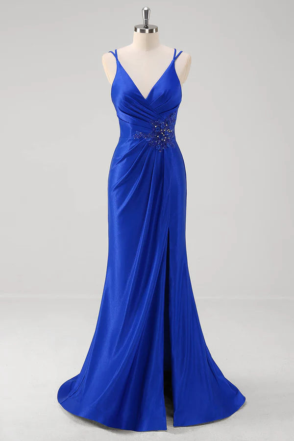 Sparkly Royal Blue Mermaid Spaghetti Straps Long Prom Dress With Slit simple gentle atmospheric and unique desi