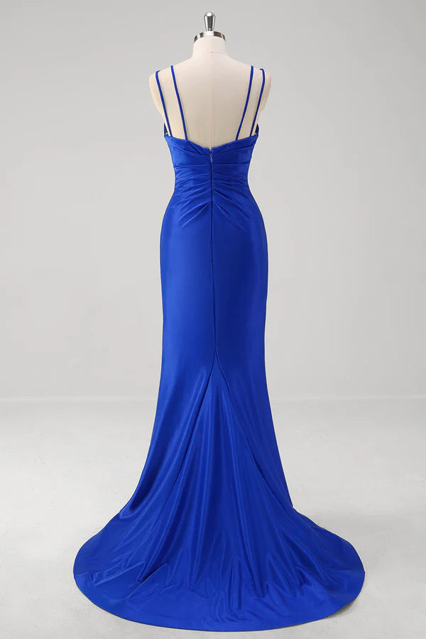 Sparkly Royal Blue Mermaid Spaghetti Straps Long Prom Dress With Slit simple gentle atmospheric and unique desi