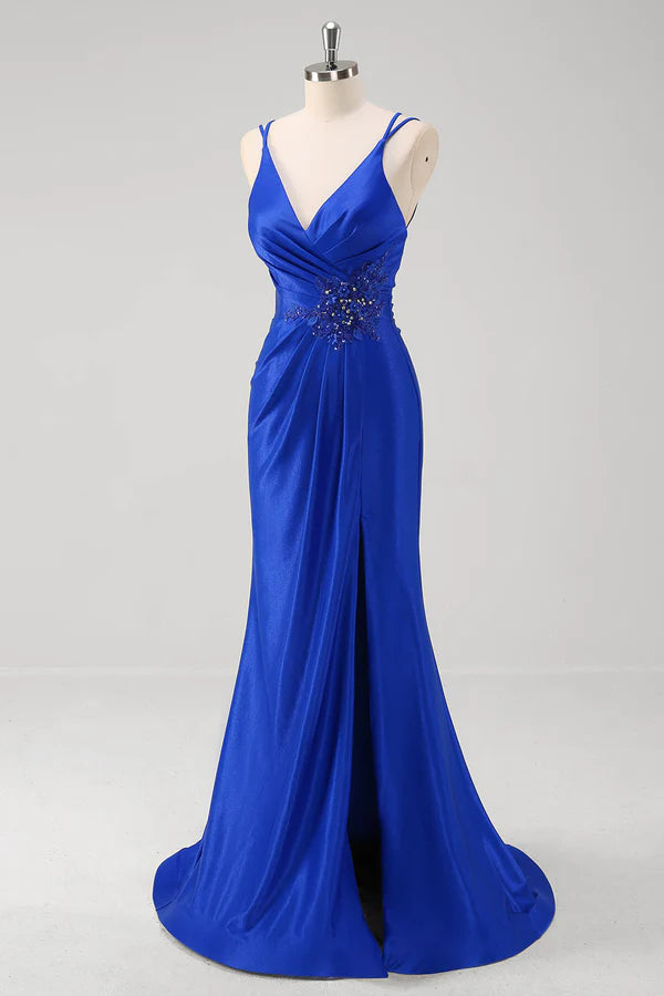 Sparkly Royal Blue Mermaid Spaghetti Straps Long Prom Dress With Slit simple gentle atmospheric and unique desi