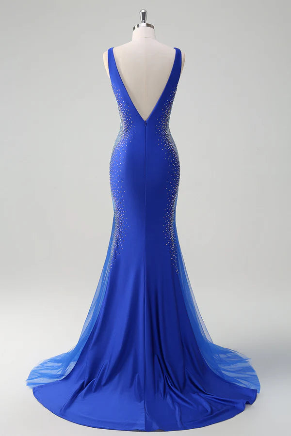 Sparkly Royal Blue Mermaid V Neck Beaded Satin Long Prom Dress simple gentle atmospheric and unique desi