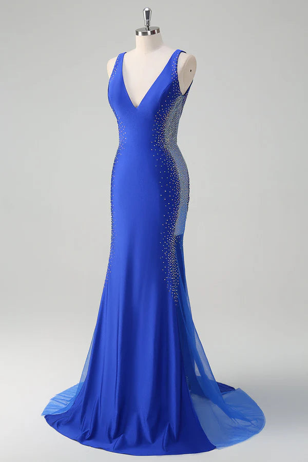 Sparkly Royal Blue Mermaid V Neck Beaded Satin Long Prom Dress simple gentle atmospheric and unique desi