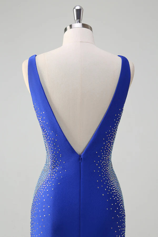 Sparkly Royal Blue Mermaid V Neck Beaded Satin Long Prom Dress simple gentle atmospheric and unique desi