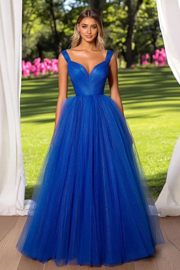 Sparkly Royal Blue V Neck Tulle Ruched Prom Dress simple gentle atmospheric and unique desi Bring summer colors to enhance whiteness
