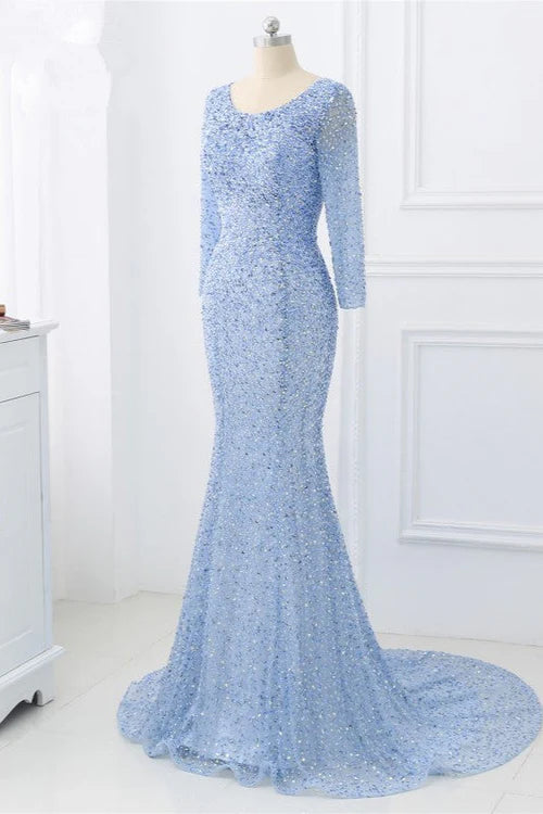 Sparkly Sequined Jewel Mermaid Prom Dresses with Long Sleeves Simple gentle atmospheric and unique design