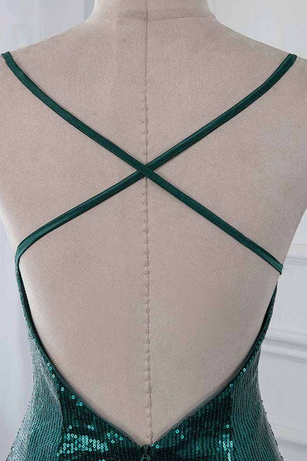 Sparkly Sequined Spaghetti Straps V-Neck Prom Dresses with Backless Simple gentle atmospheric and unique design