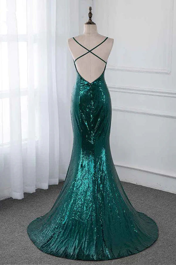 Sparkly Sequined Spaghetti Straps V-Neck Prom Dresses with Backless Simple gentle atmospheric and unique design