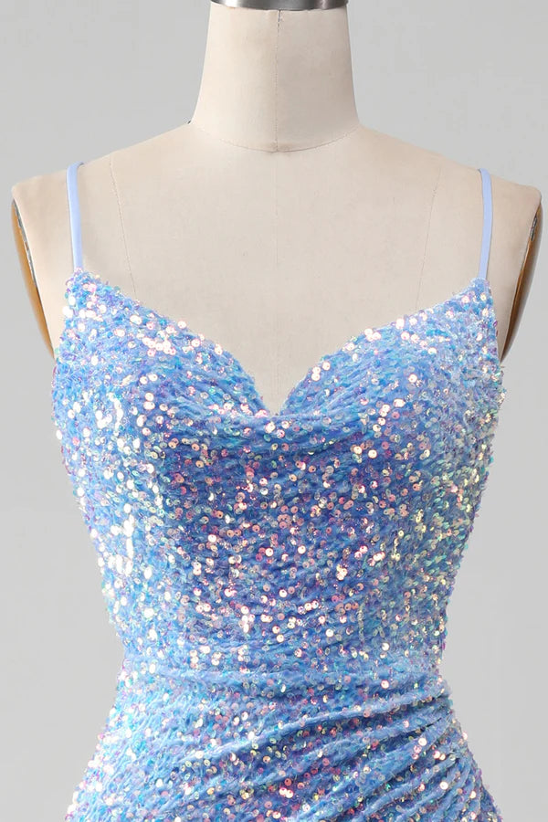 Sparkly Sequins Mermaid Light Blue Prom Dress with Slit Simple gentle atmospheric and unique desig
