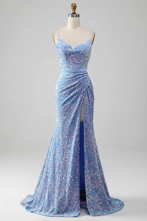 Sparkly Sequins Mermaid Light Blue Prom Dress with Slit Simple gentle atmospheric and unique desig