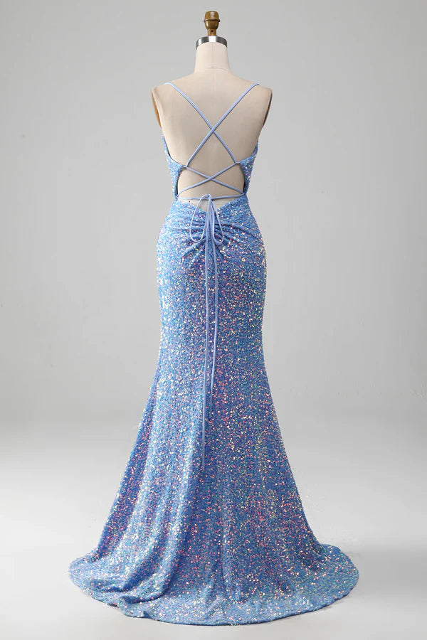 Sparkly Sequins Mermaid Light Blue Prom Dress with Slit Simple gentle atmospheric and unique desig