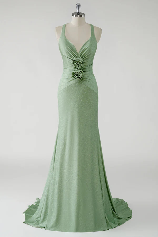 Sparkly Sheath Green Long Prom Dress with 3D Flowers simple gentle atmospheric and unique desi Bring summer colors to enhance whiteness