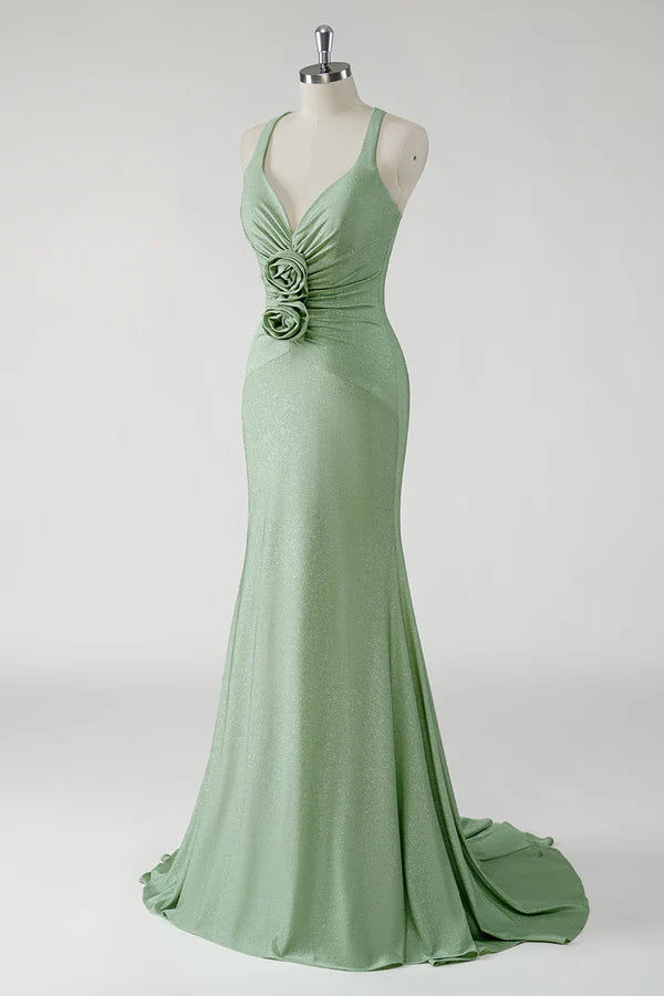 Sparkly Sheath Green Long Prom Dress with 3D Flowers simple gentle atmospheric and unique desi Bring summer colors to enhance whiteness