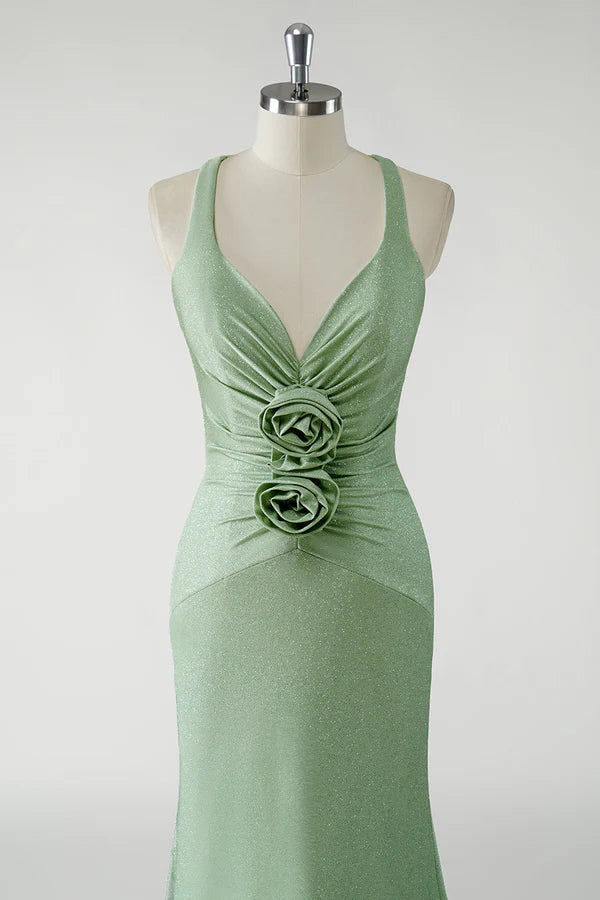 Sparkly Sheath Green Long Prom Dress with 3D Flowers simple gentle atmospheric and unique desi Bring summer colors to enhance whiteness