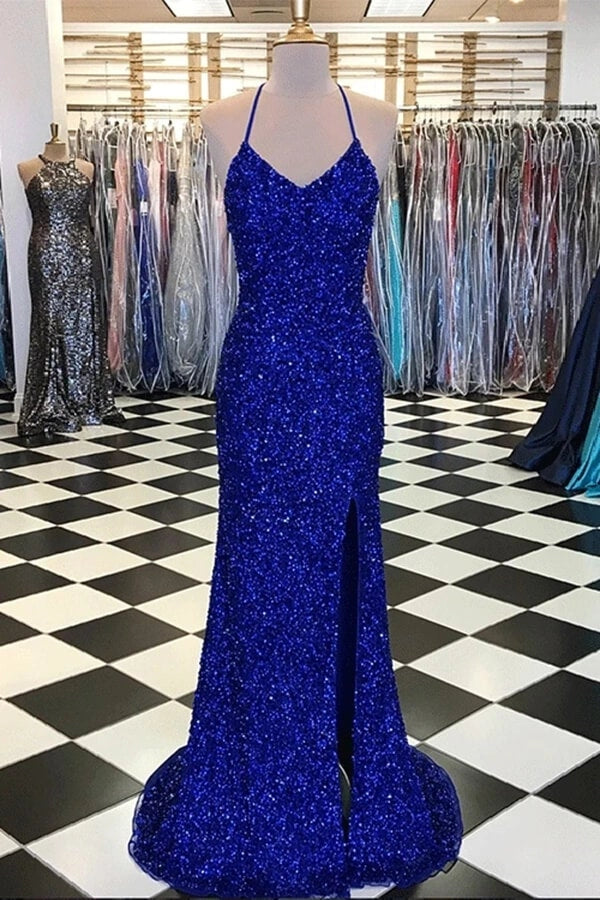 Sparkly Sheath Royal Blue Prom Dresses Evening Dresses with Slit simple gentle atmospheric and unique desi Bring summer colors to enhance whiteness