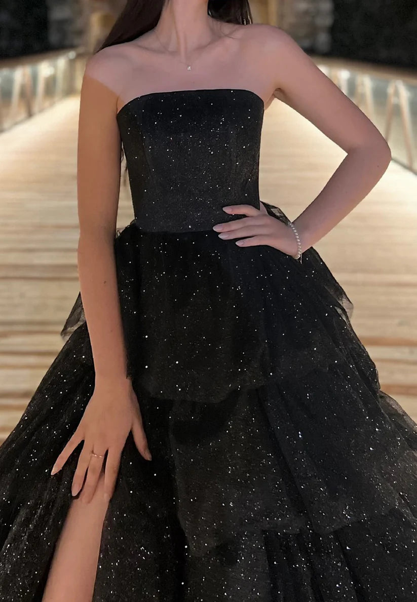 Sparkly Straight Across Sleeveless Tiered Ball Gown Prom Dress simple gentle atmospheric and unique desi Bring summer colors to enhance whiteness