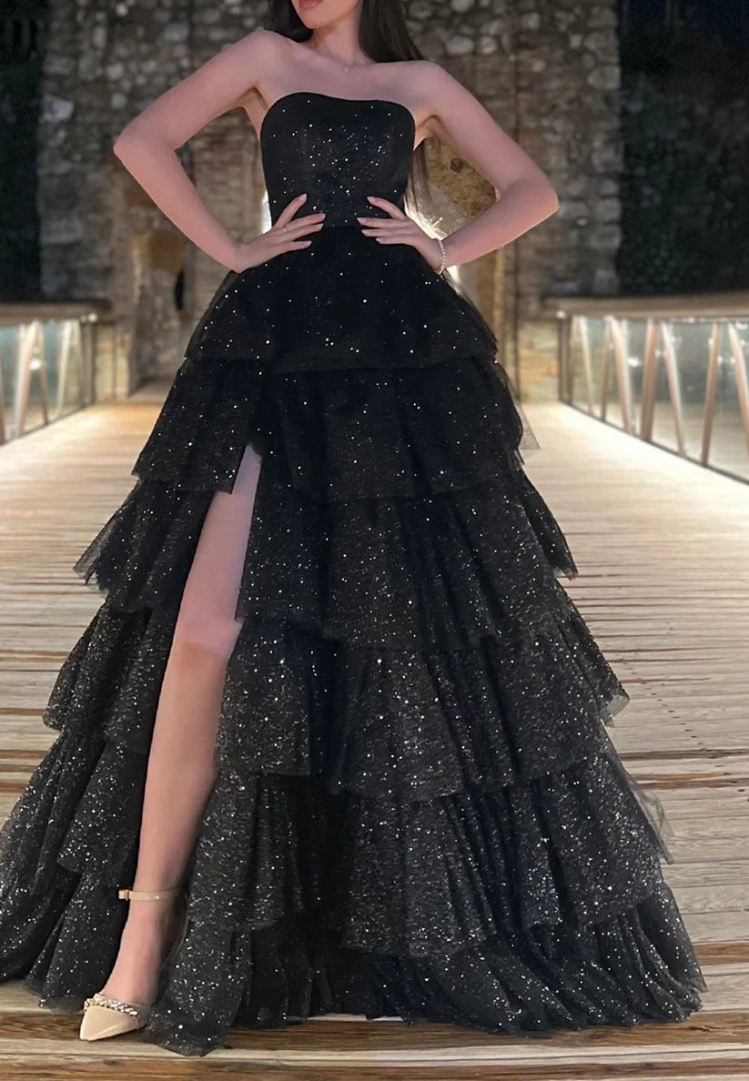 Sparkly Straight Across Sleeveless Tiered Ball Gown Prom Dress simple gentle atmospheric and unique desi Bring summer colors to enhance whiteness