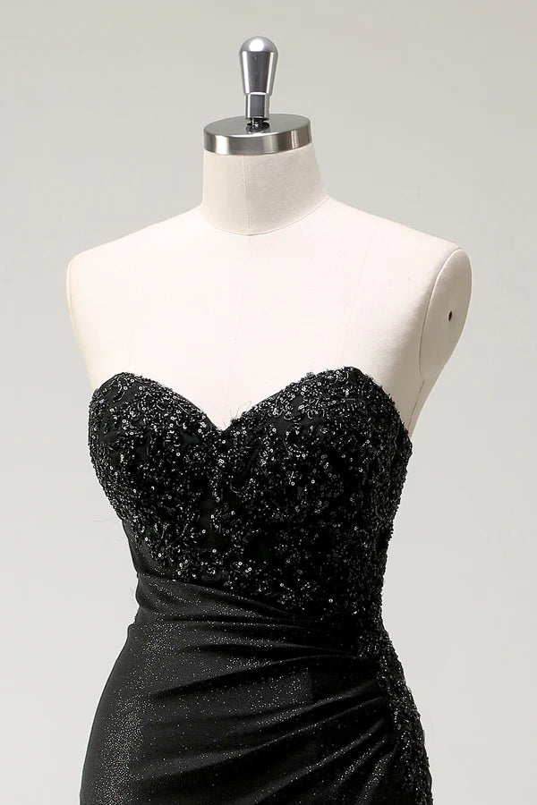 Sparkly Sweetheart Black Long Sequin Prom Dress With Slit simple gentle atmospheric and unique desi