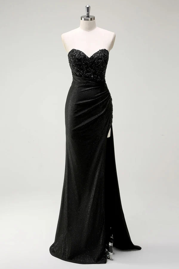 Sparkly Sweetheart Black Long Sequin Prom Dress With Slit simple gentle atmospheric and unique desi